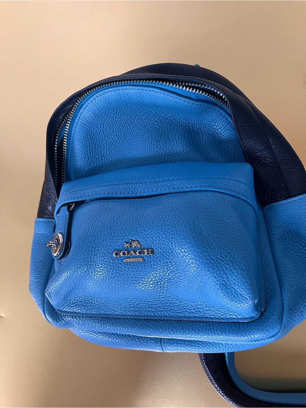 Coach Mini Backpack Blue Black Pebbled Leather Two Tone Silver Hardware